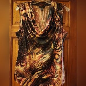 Alfani sleevless, cowl neck blouse. Rich gold, black and burgundy colors.